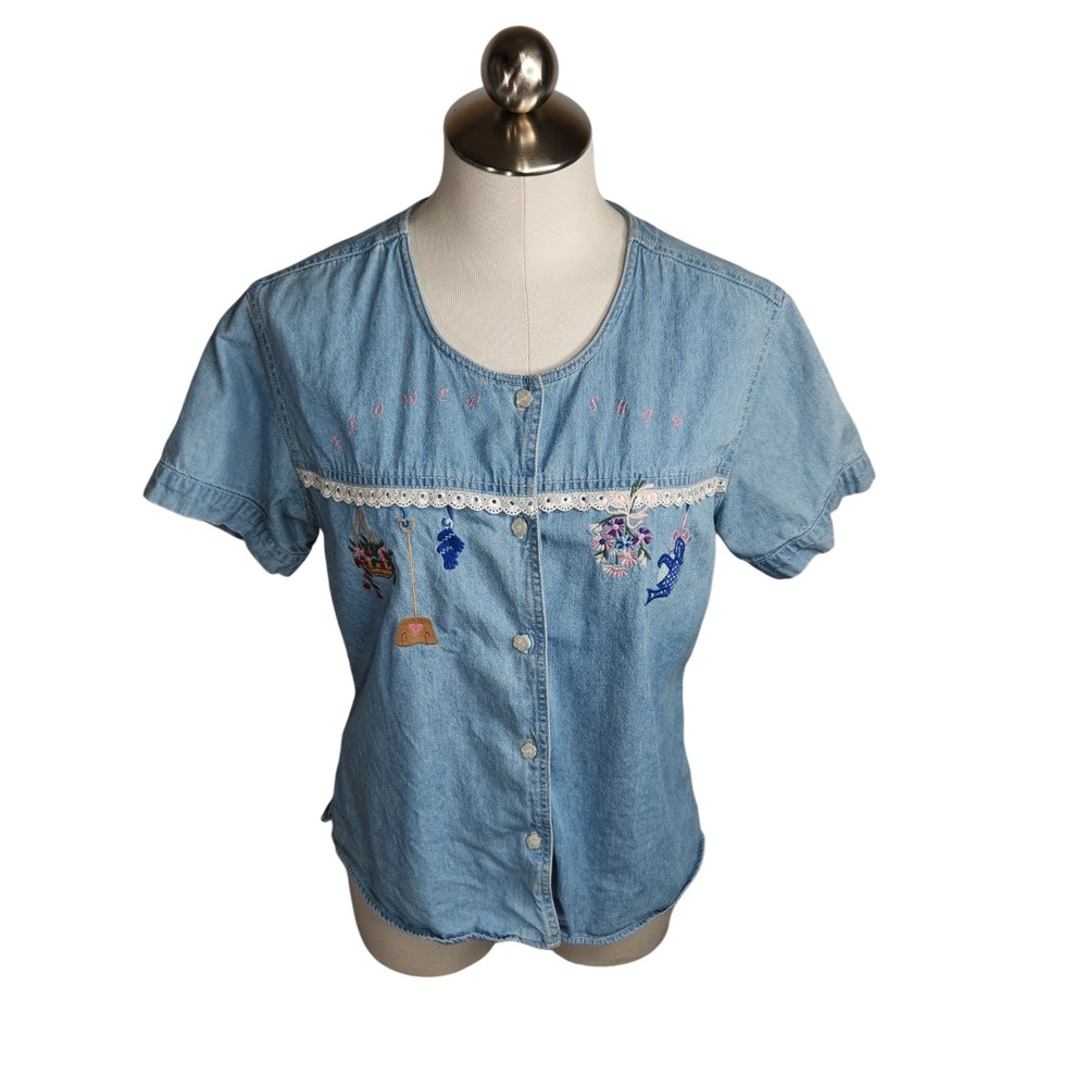 Bill Blass‎ Vintage Denim Shirt Womens Medium Flower Shop Embroidered